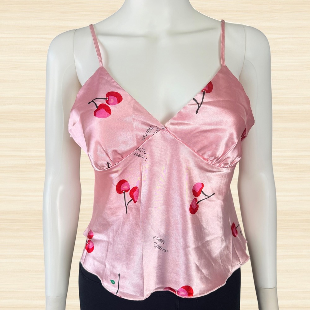 Cherry Print Satin Babydoll Cami Pink Y2K Coquette Spaghetti Strap V Neck L